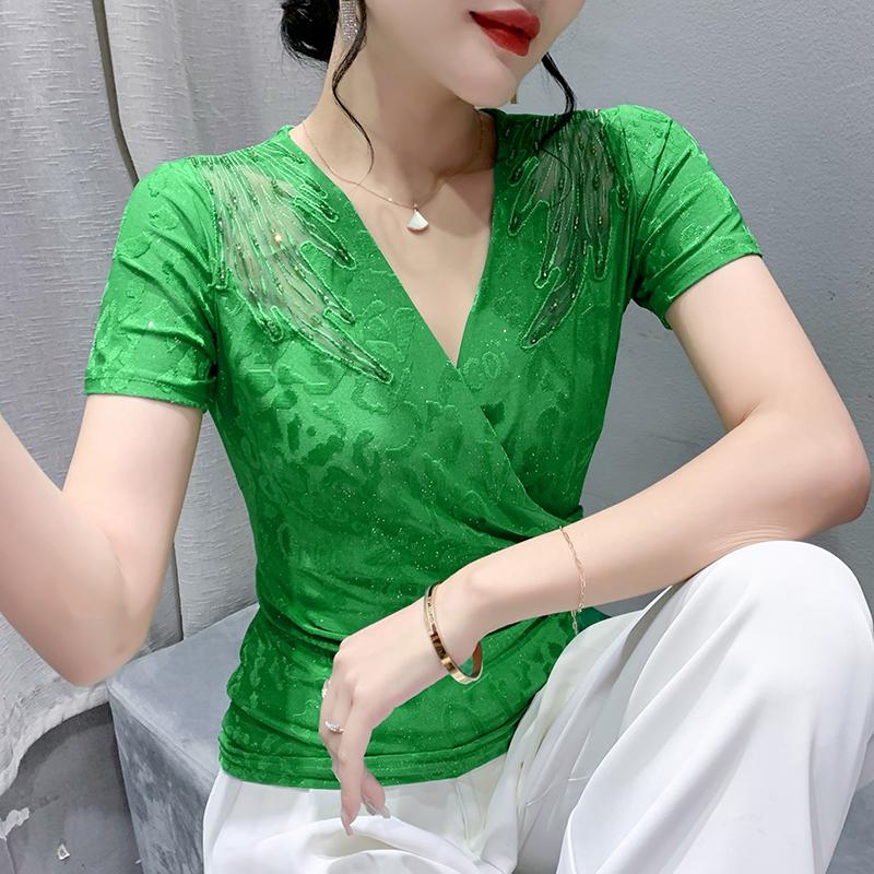 

Women' T-Shirt Summer Fashion Jacquard Short Sleeve Nail Bead V-neck Cross Mesh Slim Tight Bottoming ShirtWomen, Black