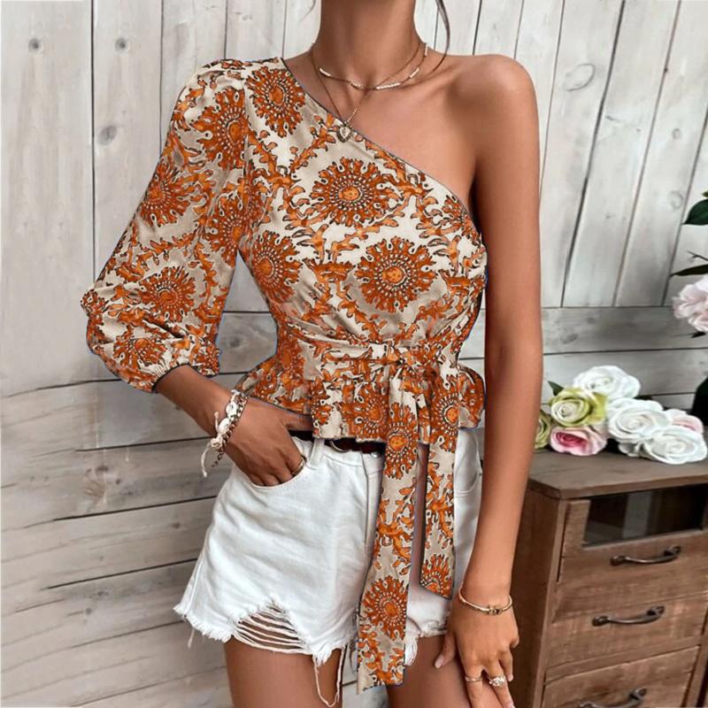 

Women' Blouses & Shirts Boho Single Shoulder Sexy Women Long Sleeve Irregular Sloping Collar Retro Printed Tee Tops Lady BlouseWomen, Green
