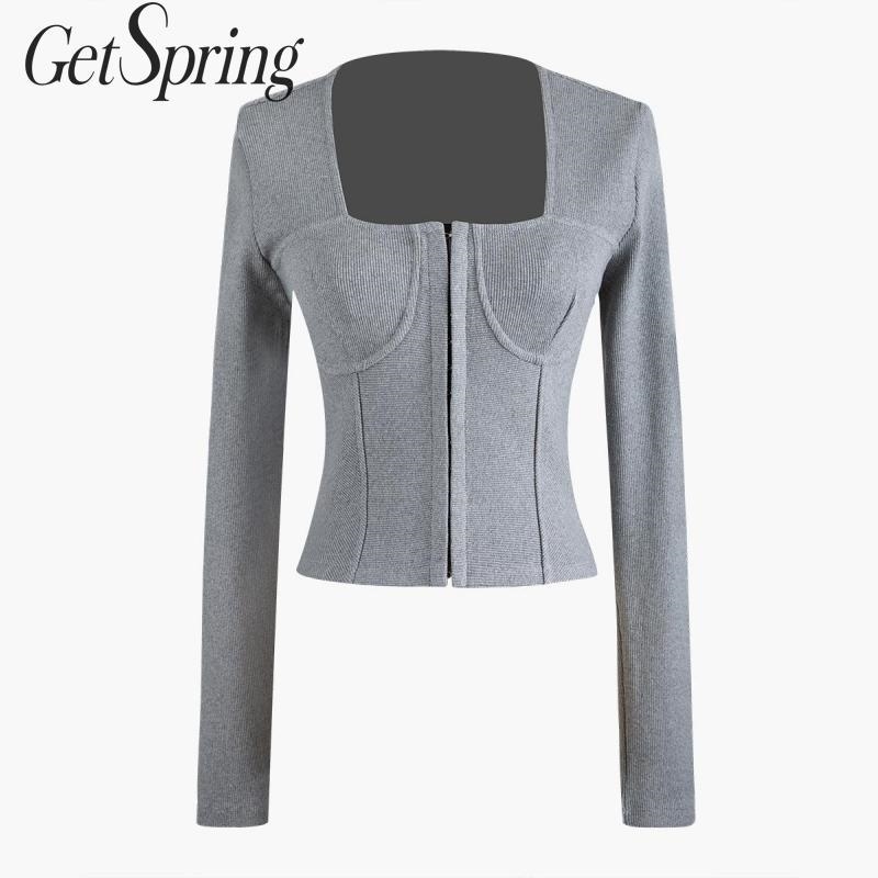 

GetSpring Women T Shirt Women Knitted Tshirts Square Collar Long Sleeve Crop Top Vintage Knit Tshirt All Match Bottoming Tops Y200412, Black