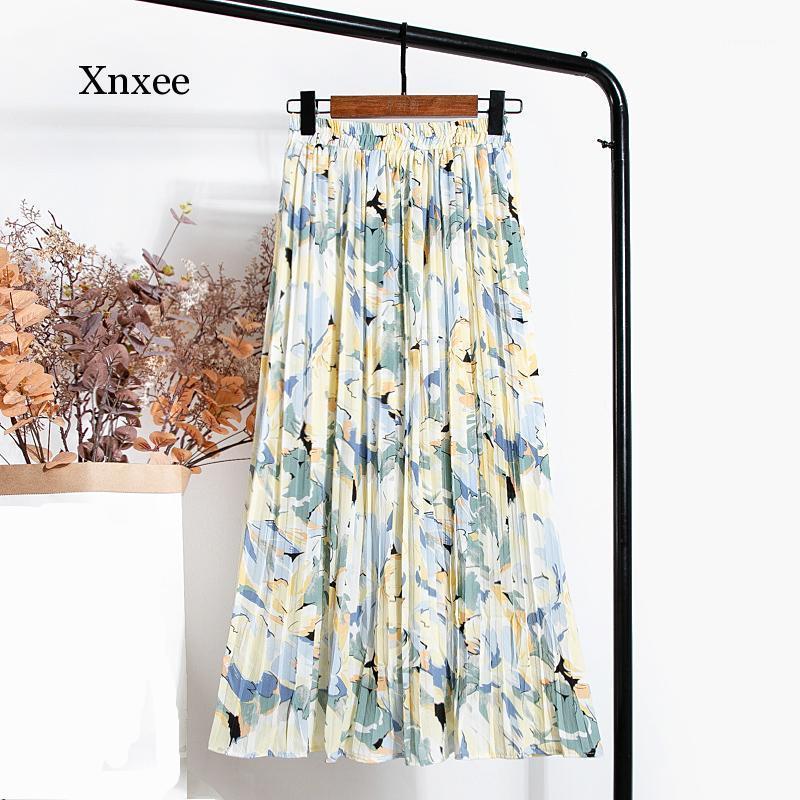 

Skirts 2022 Vintage Floral Printed A Line Tulle Pleated Women's High Waist Loose Chic Female Umbrella Spring Summer Skirt, Green orange