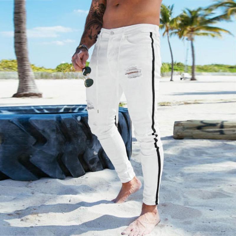 

Men's Jeans Men's Fashion Casual Denim Straight Hole Trouser Distressed Long PantsMen's, Light blue