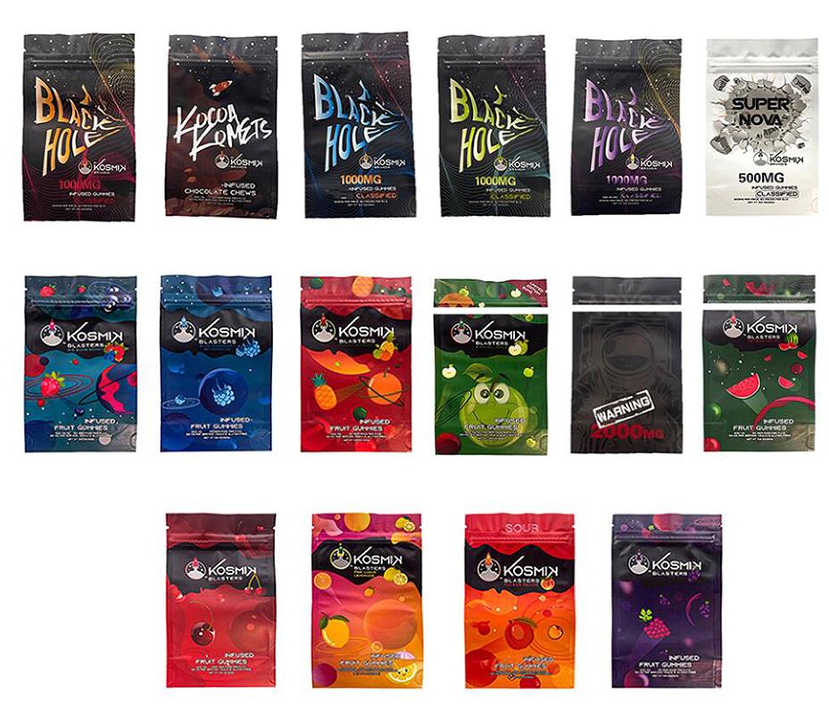 

16Types 500mg Kosmik Blasters Mylar Bags Smell Proof The Black Hole Kocoa Komets Edibles Fruit Gummies Package Edibles Infused Gummy zipper packaging
