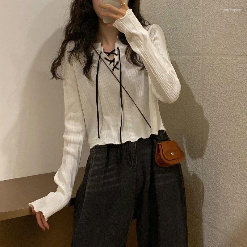 

Women' Sweaters Lace Up O-Neck Casual Autum Knitted Sweater Ladies Elegant Korean Pullover Long Sleeve Pullovers Crop TopsWomen' Perf22, Black