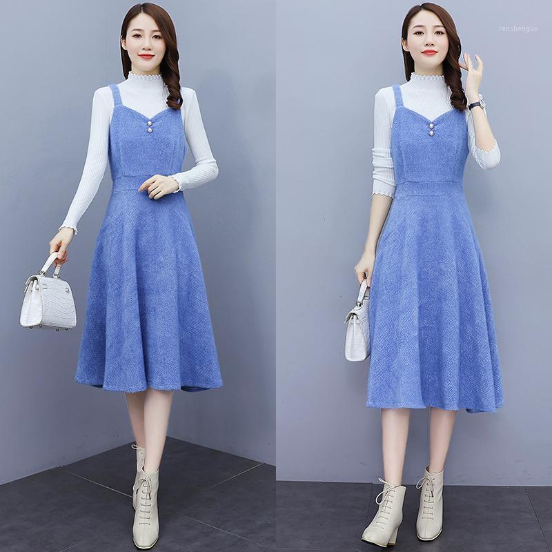 

Casual Dresses Blue Velvet Vintage Strap Dress Bottoming Long Sleeved Sweater Two Piece Set Autumn Winter Women Clothes, Blue black