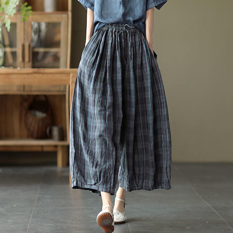 

Arrival Summer Women Cotton Linen Ankle-length Pants Casual Loose Elastic Waist Vintga Plaid Print Wide Leg W685, Yellow