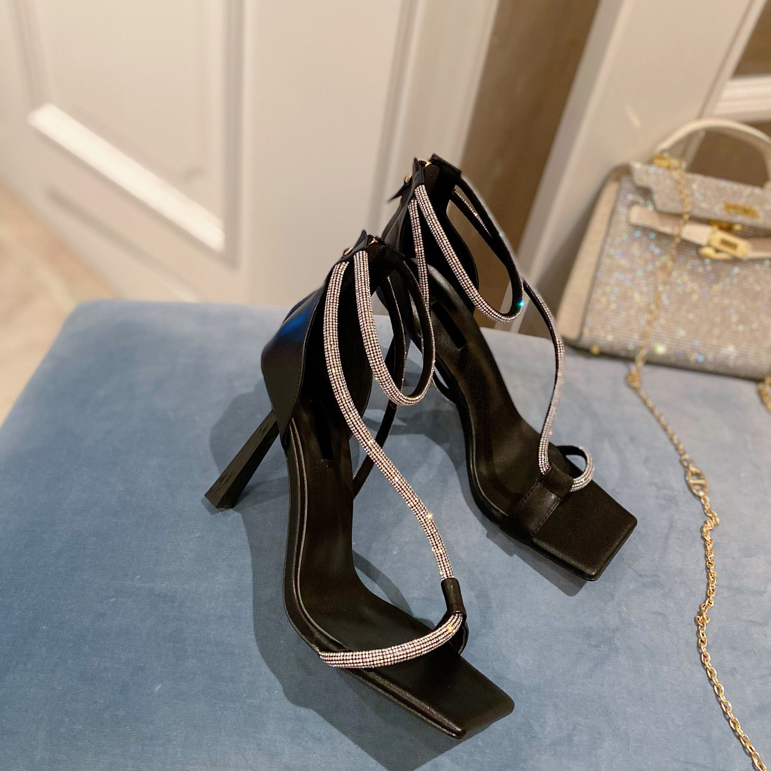 

2022 new Evening Bridal Sandals Shoes ankle wrap Elegant High Heels Ankle Strap Crystal Ladies Gladiator Sandalias with box