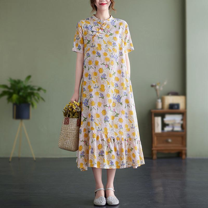 

Casual Dresses Arrival Thin Soft Loose Cozy Cotton Linen Buckle Vintage Chinese Style Summer Dress Ruffle Women Travel DressCasual, Apricot yellow
