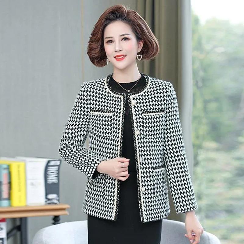 

Women's Jackets Small Fragrance Elegant Tweed Plaid Jacket Women Vintage Round Neck Pearl Button Short Coat Middle Aged Mom Plus Size Outerw, Black