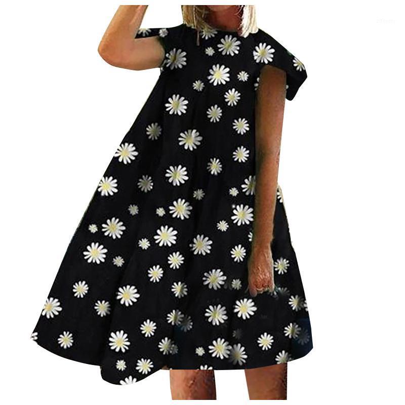 

Casual Dresses Summer Dress For Womens 2022 Floral Star Print Short Ruffles Sleeve O-neck A-line Swing Party Sweet Wear Girls Robe, Black
