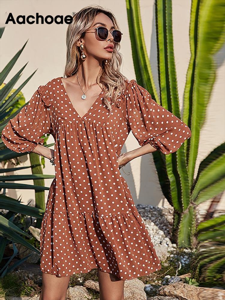 

Women Casual Loose Polka Dot Dress V Neck Pleated Chiffon Lantern Half Sleeve Mini Beach Summer Robe Femme, Black