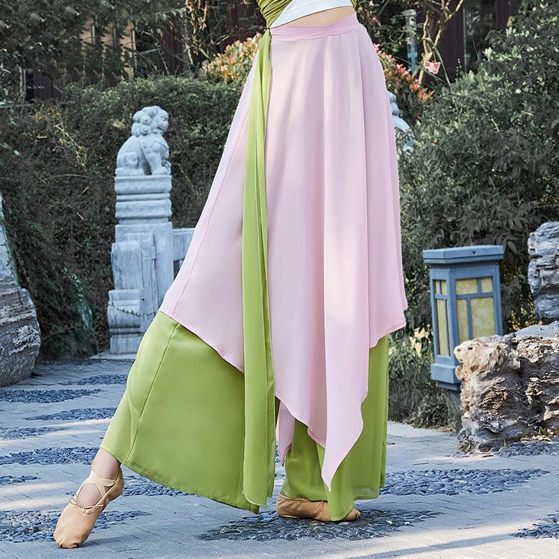 

Ethnic Clothing Chinese Folk Dance Classical Dancing Pants Women Loose Wide Leg Trouser 2 Layers Fairy Body Rhyme Dancewear Side Split Plus