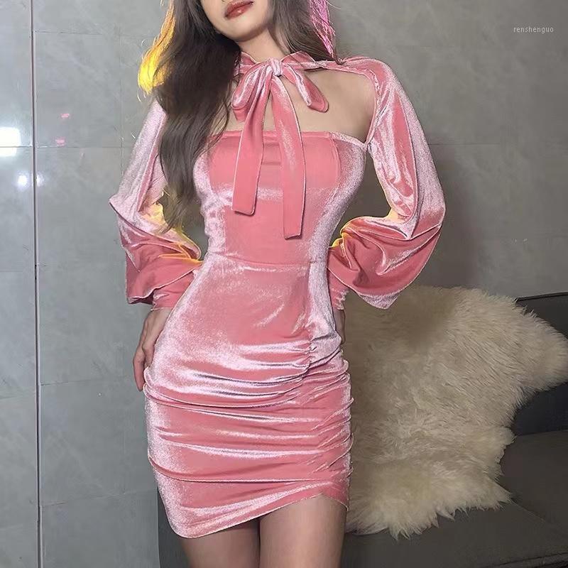 

Casual Dresses Aboutlee Pure Color Slim Bowknot Pleated Design One-Line Neck Long Sleeve Dress Fashion Sexy Ladies Clothes, Pink