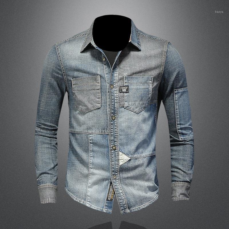 

Personality Stitching Lapel Jacket Denim Long-sleeved Shirt Men's Casual Shirts Turn-down Collar Solid Men Clothing Coat, Beige