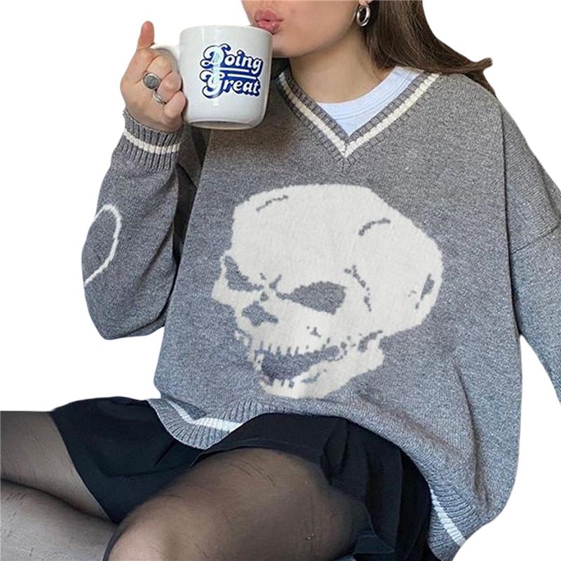 

Women' Sweaters Personality Skull Pattern Casual Loose V-neck Knitted Women Jumpers 2022 Women' Autumn And Winter PulloverWomen, Black