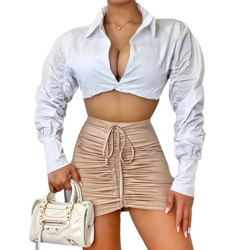

Women' Blouses & Shirts Meihuida 2022 Fashion Women Sexy Crop Top, Adults Slim Solid Color Puff Sleeve Shirt Collar Blouse With Button, As pic