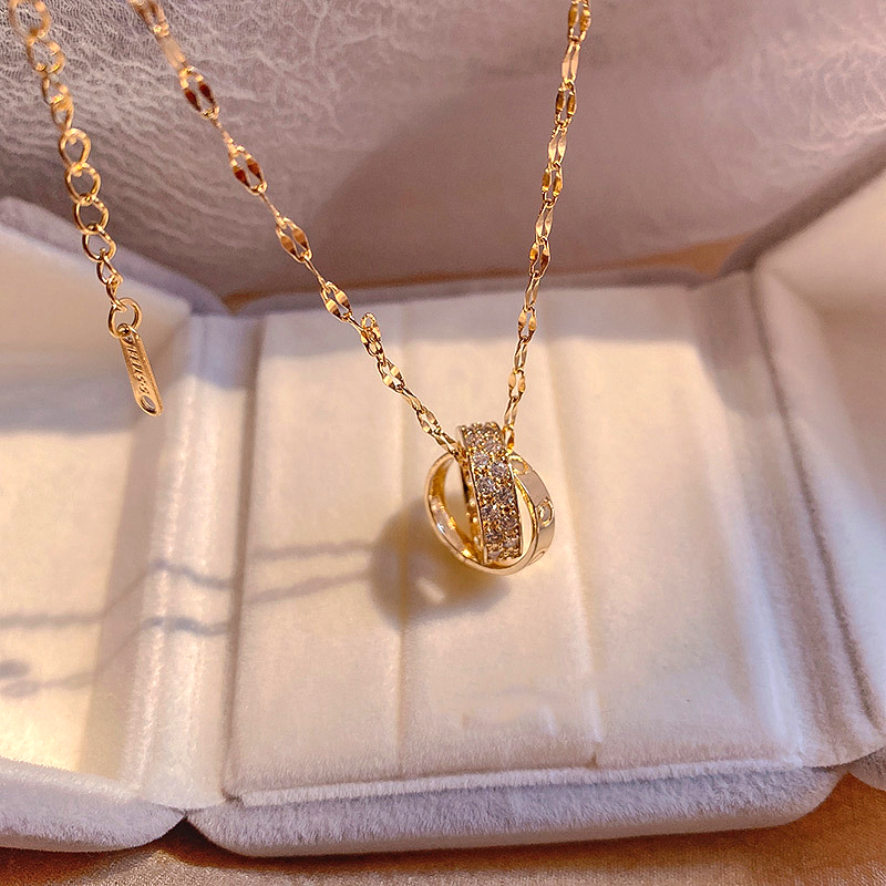

Trendy Exquisite 316L Stainless Steel Double Ring Round Chain Necklace for Women Girl High Quality Pendant Jewelry AAA Zircon 220716