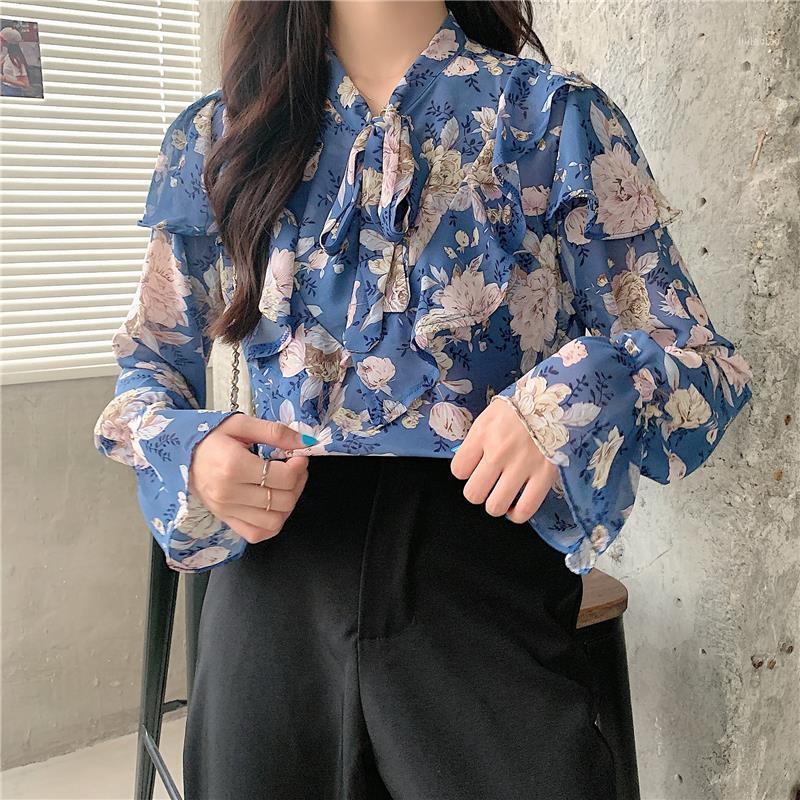 

Women's Blouses & Shirts Autumn Vintage Bow Print Oversized Office Lady Classic Loose Tops V-Neck Long Sleeve Elegant Female, Blue