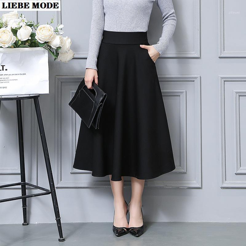 

Elastic High Waist Midi Skirts Pockets Long Black Red Pleated Skirt For Women Office Work Womens 2022 Business Casual