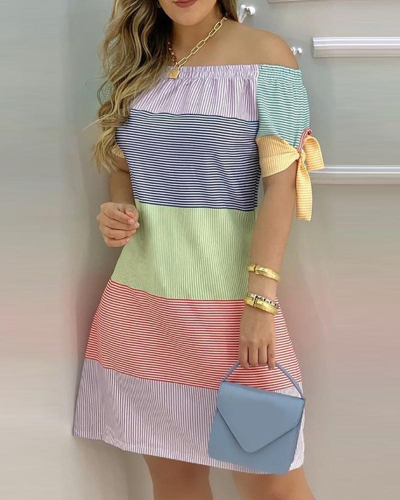 

Casual Dresses 2022 Women Striped Print Colorblock Off Shoulder Short Sleeve Street Daily Wear Summer Dress Fashion Mini Party, Black