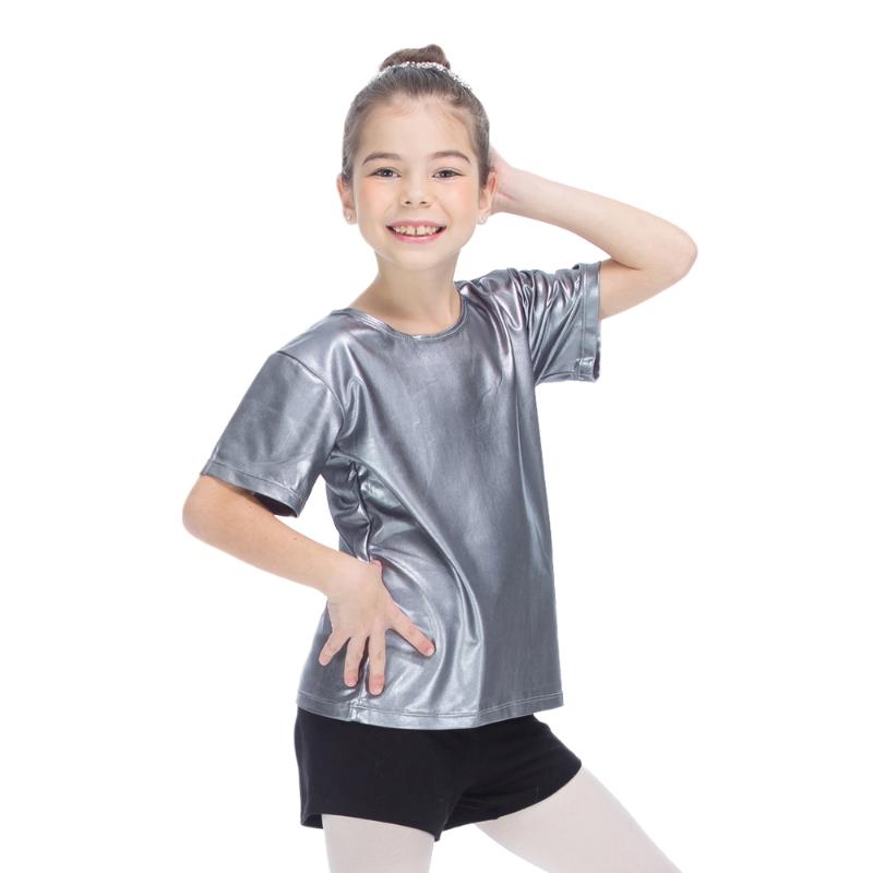 

Stage Wear Retail Wholesale Metallic Foil Silver Gray Red Blue MultiColors Short Sleeve Dance Top For Girls And Boys, Purple