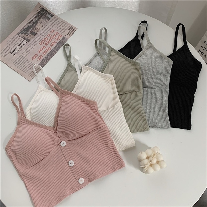 

Women Knitted Tank Top Button Camisole Summer Y2K Girls Crop Tops Slim Tube Top Strap Vest Sexy Female Backless Bottoming Shirts 220607, Black