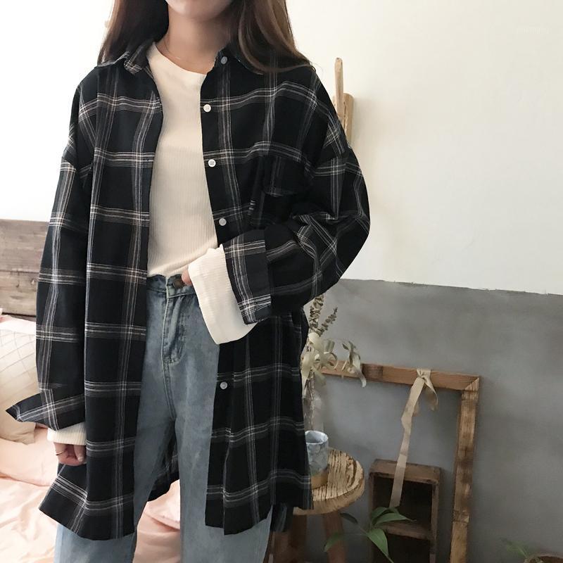 

Women' Blouses & Shirts Women Casual Plaid All-match Loose Long Sleeve Students Daily BF Ulzzang Single Breasted Womens Korean Style Haraju, Black
