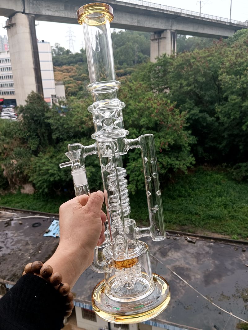 

19 inch Yellow Glass Water Bong Hookah Oil Dab Rigs Recycler Filters Smoking Pipes with 14mm female joint