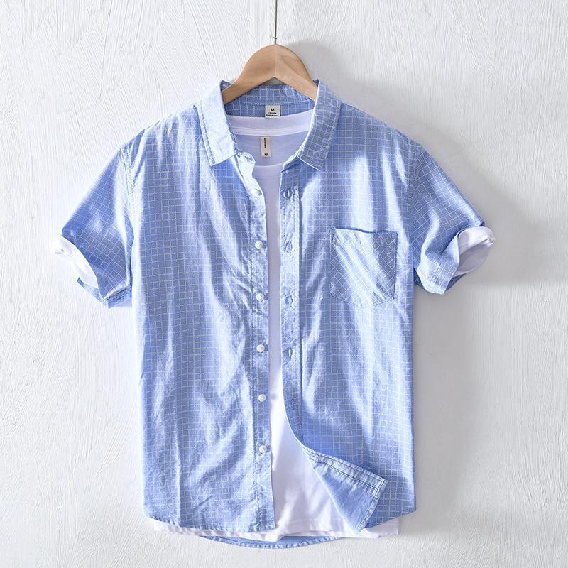 

Men's Casual Shirts Fashion Oxford Cotton Plaid Shirt Business Men Office Slim Fit Pattern Pure Comfortable 2022, Blue