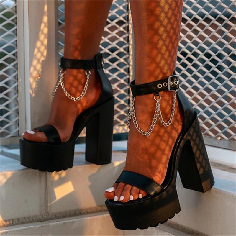 

Sandals Summer Brand Ladies Chain Platform Shoes Square Heels Street Pumps Ankle Pin Buckle 34-41 Size Sexy Women's SandalsSandals, Black