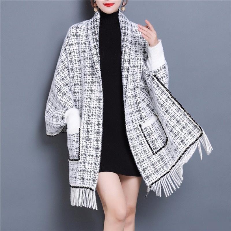 

Women's Knits & Tees Poncho Women Cardigan Sweater Plaid Fringed Long-sleeved Pocket Loose Knitted Cape Coat Lady Spring Autumn Was Thin Clo, Green