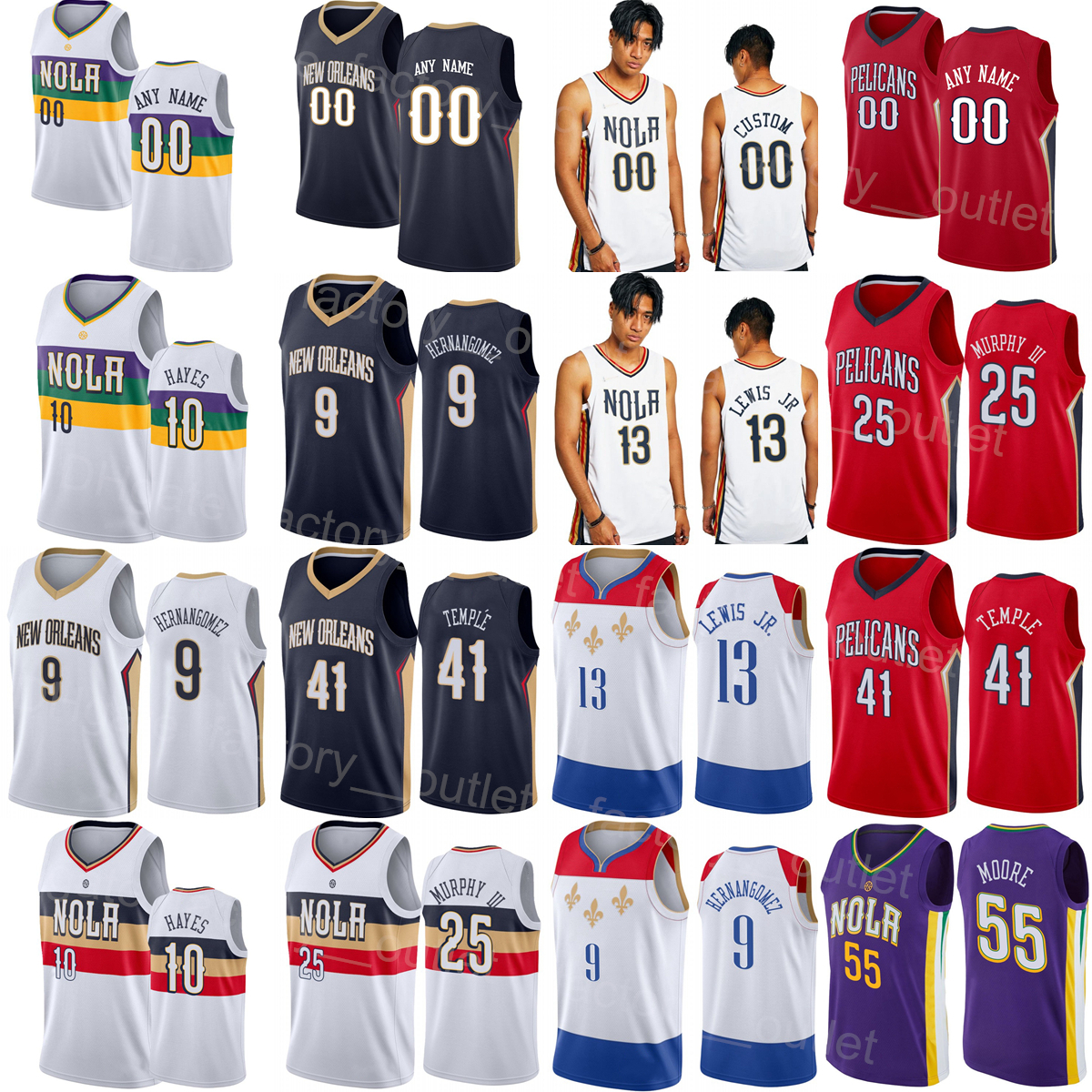 Maillot de basket-ball sérigraphié Larry Nance Jr 22 Tony Snell 21 Kira Lewis JR 13 Willy Hernangomez 9 Jaxson Hayes 10 Trey Murphy 25 Garrett Te