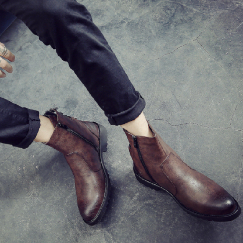 Nouveaux hommes bottes Pu talon bas tête ronde côté fermeture éclair chaud haut confortable antidérapant mode Martin bottes DP183
