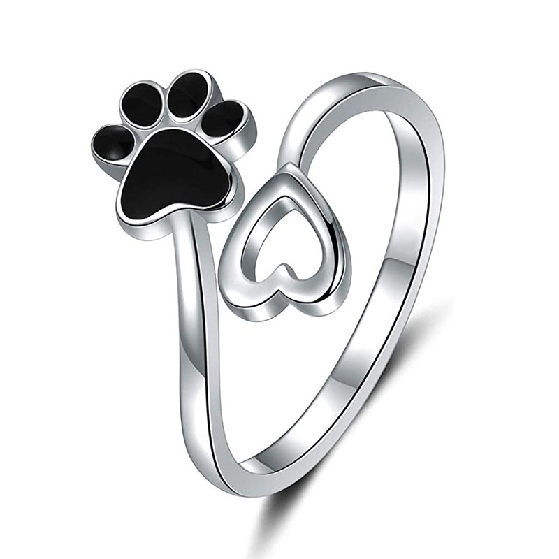 

925 Silver Opening Band Rings Glue Dropping Cat Footprints Dog Small Heart Shape