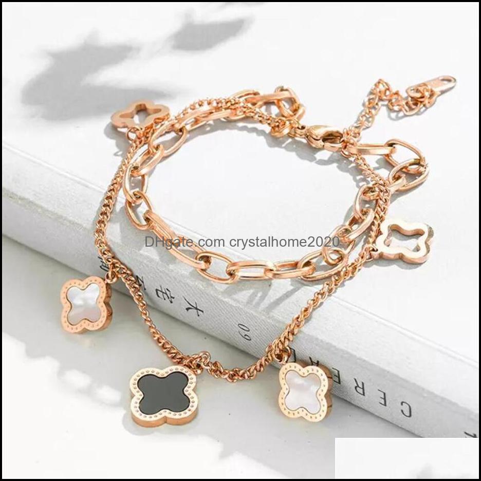

Bangle Bracelets Jewelry 2022 Pretty Double Layered Openwork Stainless Steel Clover Charm Bracelet Lucky Four Leaf Women Jewelr Dhu9Q
