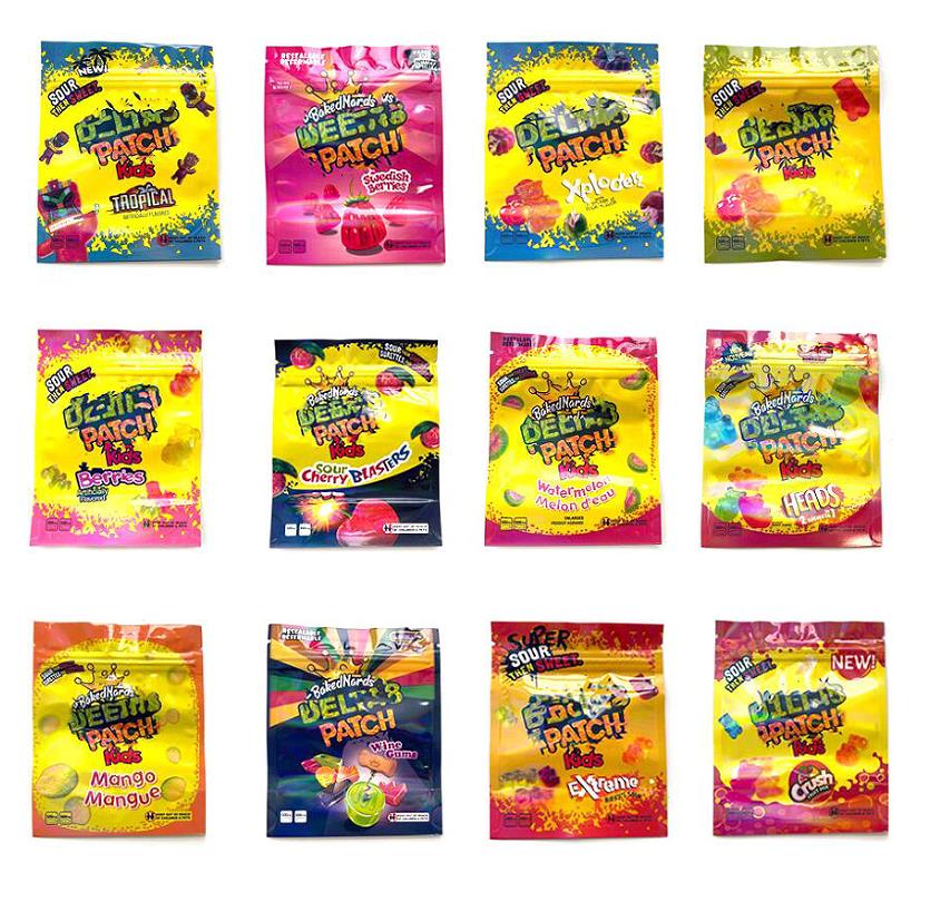 

empty 600mg sour gummies edible packaging bags ziplock smell proof stoner patch berries tropical edibles candy gummy mylar bag