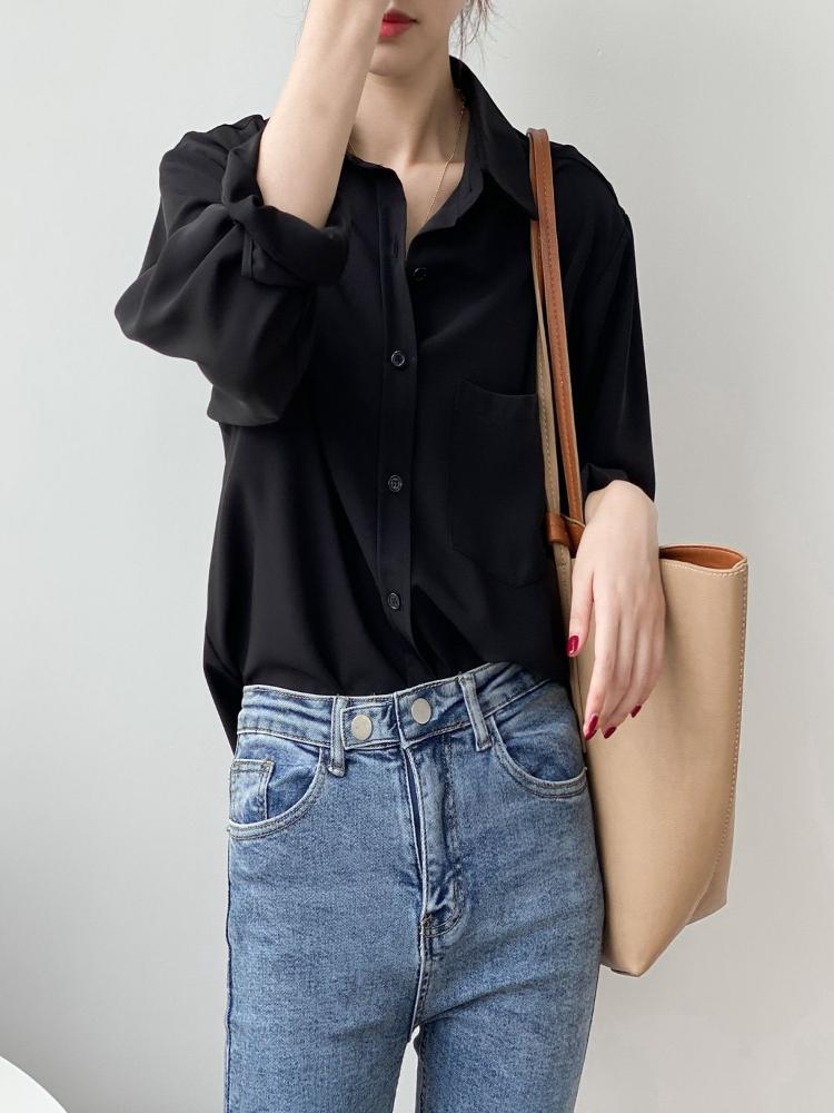 

Women's Blouses & Shirts Autumn Fashion Button Up White Shirt Vintage Casual Pocket Blouse Women Blue Lady Long Sleeves Female Loose Street