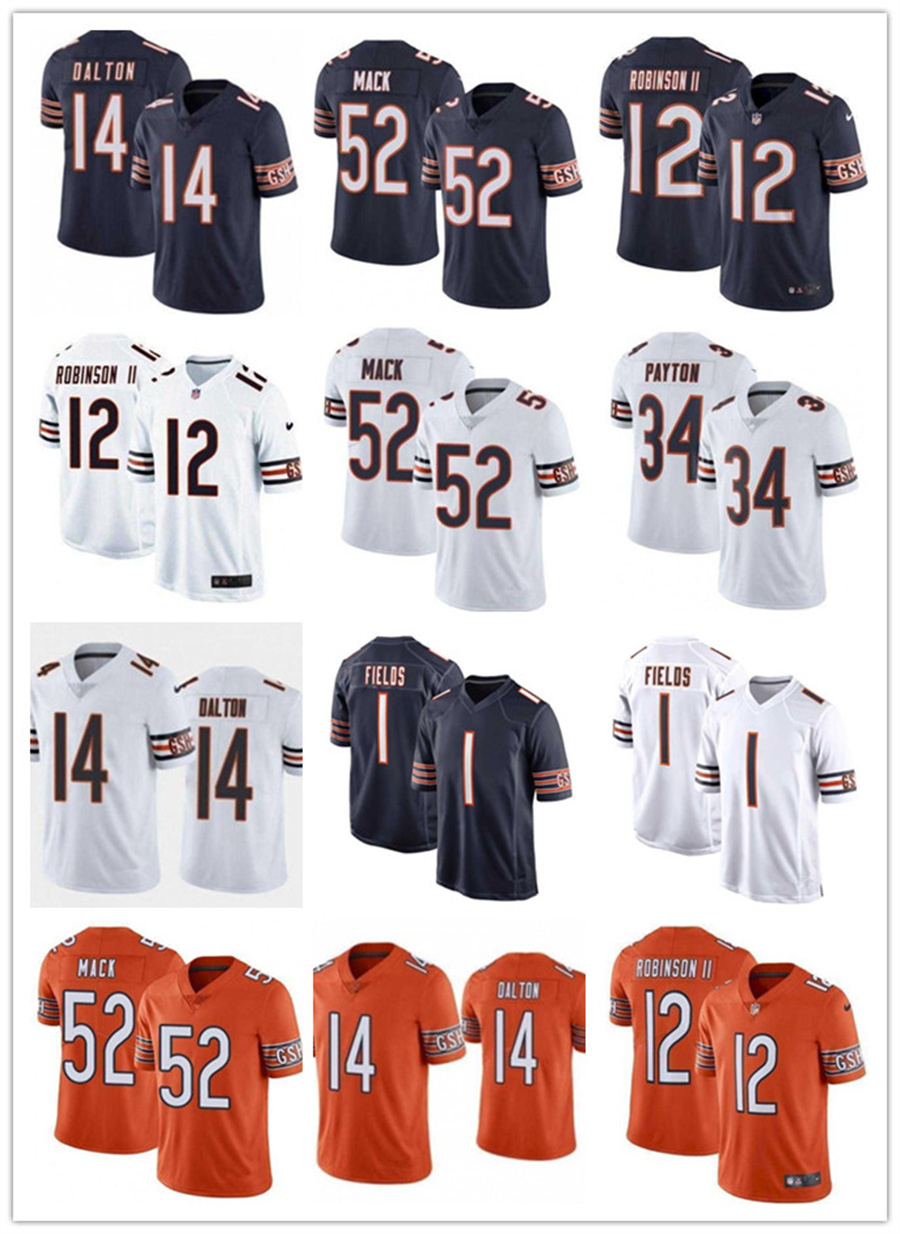 

Men chicago''Bears''women youth 52 Khalil Mack 34 Walter Payton 1 Justin Fields 14 Andy Dalton 12 Allen Robinson blue Football Jerseys