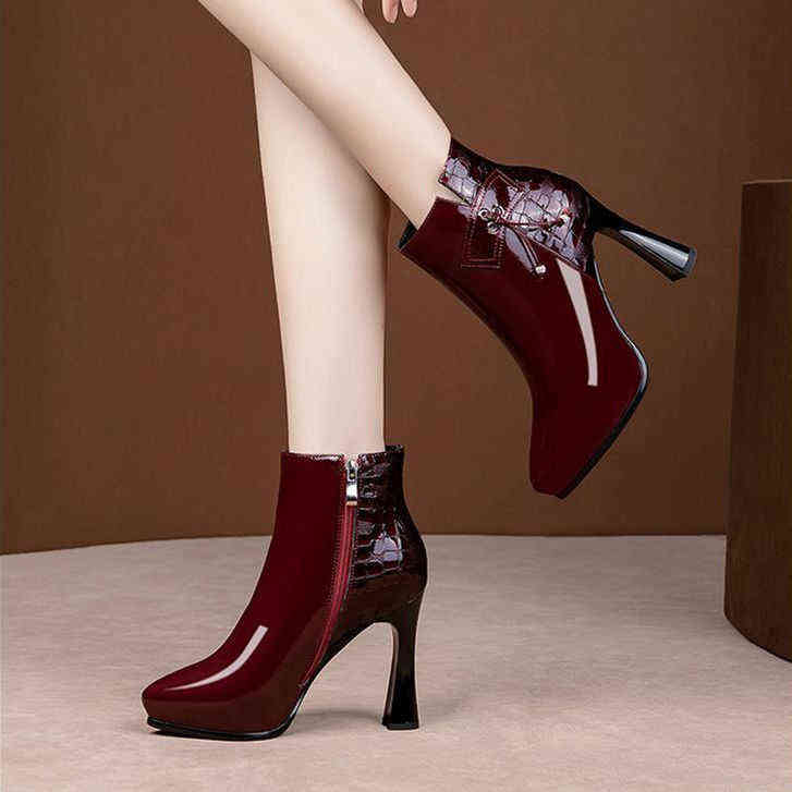 

New autumn thick heel pointed Martin boots with velvet wine red high heels women's boots, Black