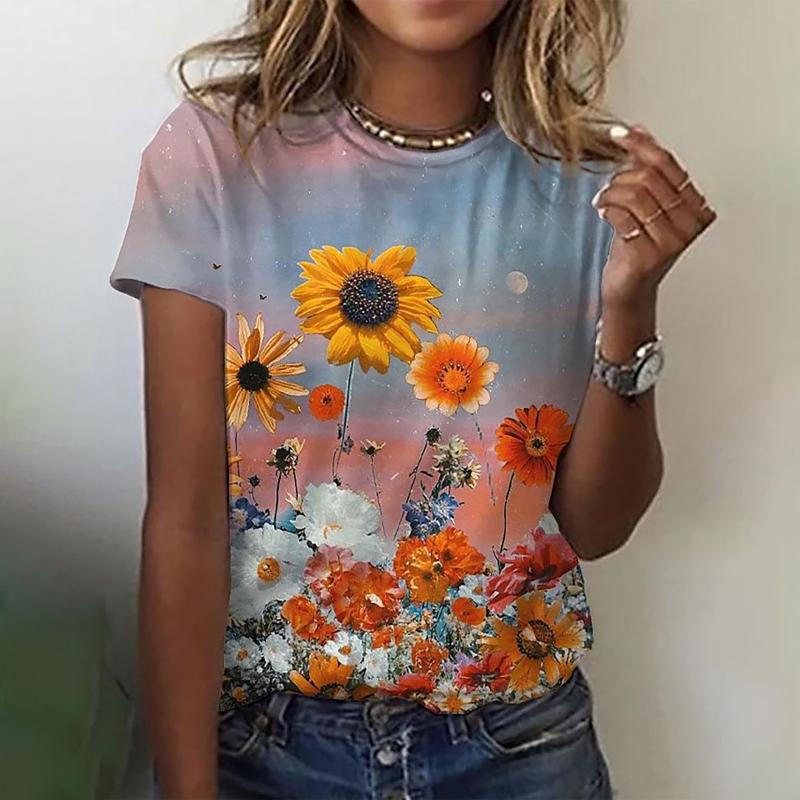 

Women's Blouses & Shirts With Patterns Womens Daily Summer Floral Print O Neck Tank Tops Short Sleeve Workout Casual Loose Tees Dc Shirt Wom, Black