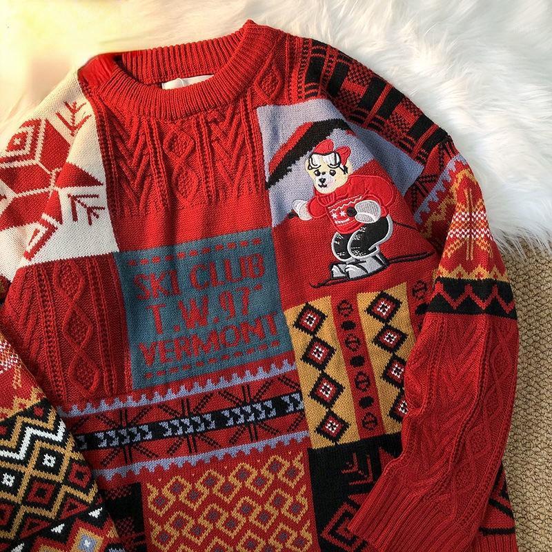 

Women's Sweaters Deeptown Christmas Vintage Printed Knitted Sweater Women Red Harajuku Kawaii Crewneck Long Sleeve Oversize Jumper Female Wi, Beige