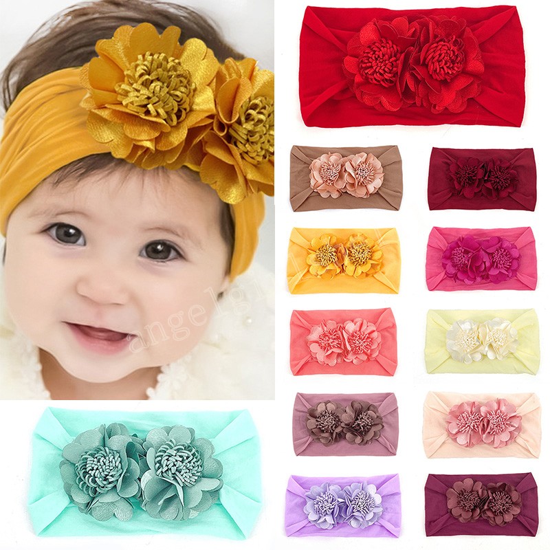

Two Flower Baby Girls Headband Solid Color Sweet Small Fresh Kids Hair Accessories Newborn Knot Wide Nylon Headwraps, Mixed color