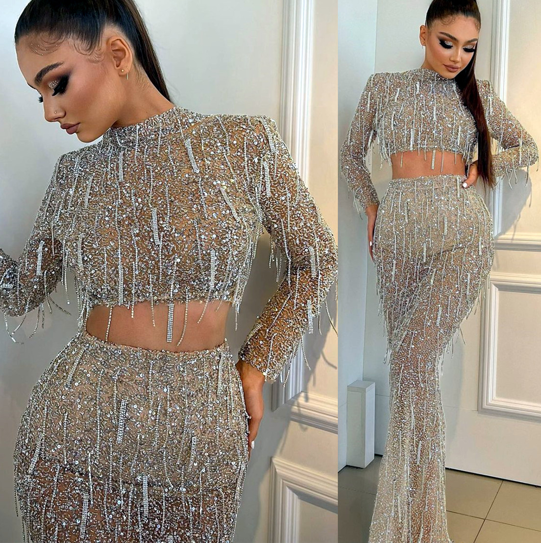 

2022 Plus Size Arabic Aso Ebi Two Pieces Mermaid Prom Dresses Luxurious Crystals Evening Formal Party Second Reception Birthday Engagement Gowns Dress ZJ336, Daffodil