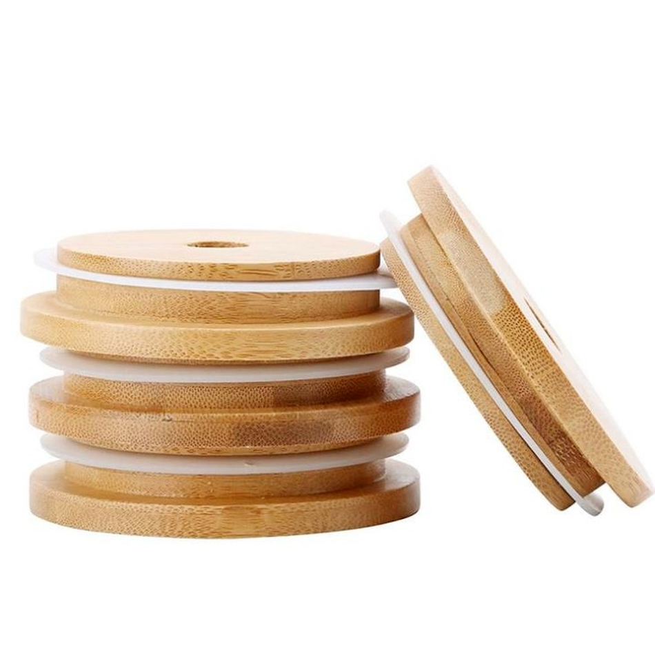 

Bamboo Mason Jars Lids 70mm 88mm Wide Mouth Mason Jars with Drinking Straw Hole Mason Jars Lid sxmy18