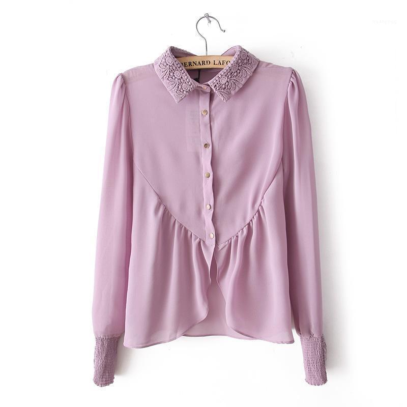 

Women' Blouses & Shirts Spring Summer Retro Vintage Beaded Embroidery Collar Angle Hem Violet Lavender Purple Shirt Chiffon Blou, Pink