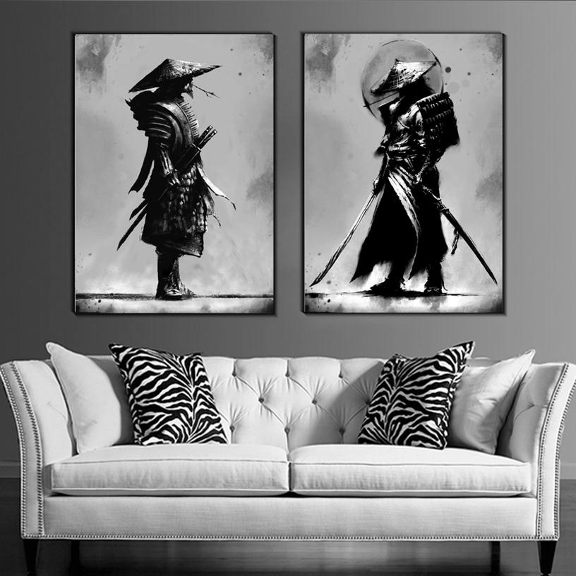 

2pcs set Black and White Japan Samurai Portrait Wall Art Canvas Painting Japanese Warriors Wall Mural Canvas Posters for living ro281e