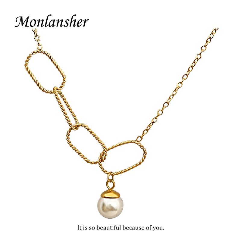 

Pendant Necklaces Monlansher Gorgeuos Hollow Twisted Link Chain Pearl Necklace Lady Women Chic Stainless Steel Gold Wateproof Pandent Neckla