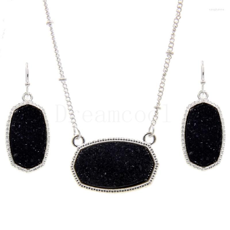 

Earrings & Necklace Oval Resin Druzy Drusy Pendant Hexagon Druse Charms Drop Color Fashion Jewelry Set GiftEarrings, As pic