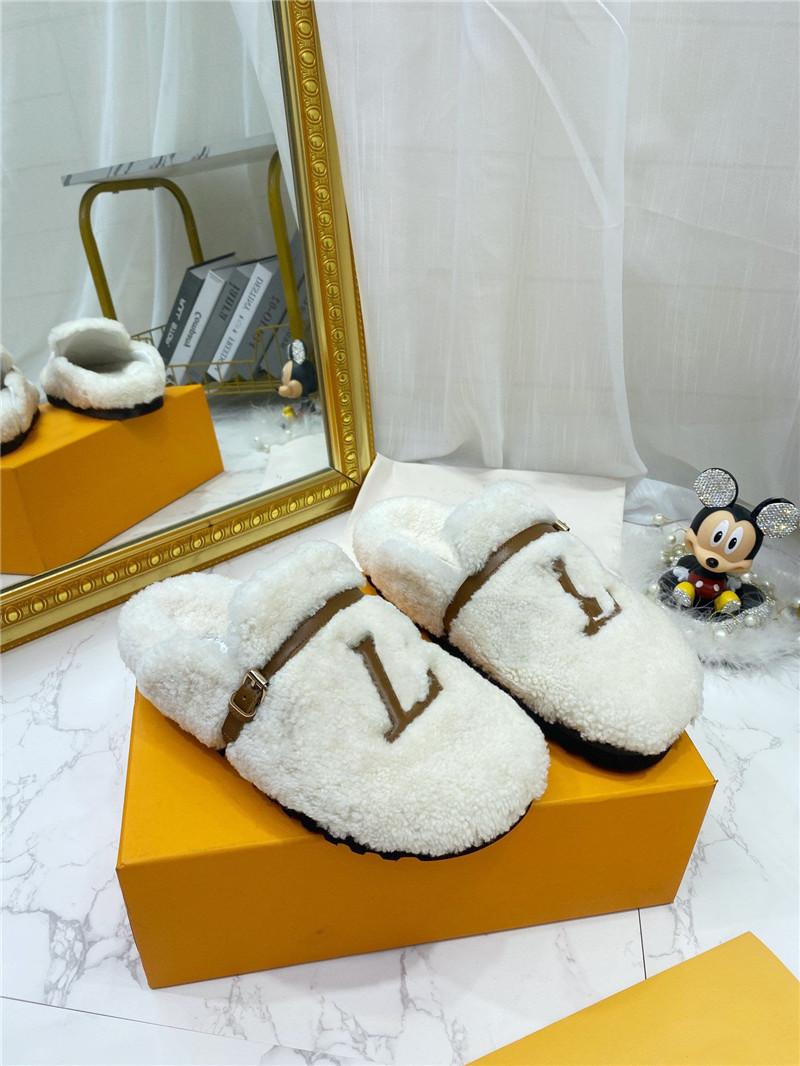 Designer Luxury PASEO FLAT COMFORT MULE SLIDES Slippers Sherpa Gray Mink Fur Bom Dia Flat Mules slipper With Box