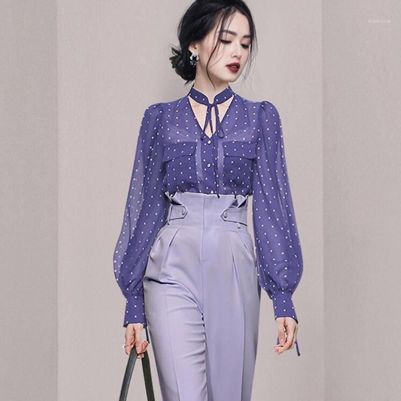 

Women' Two Piece Pants ZAWFL Fashion Ladies Black Dots Blouses & Shirts Women Business Suits With 2 Pant And Top Sets Work Wear OL Styles, Picture color