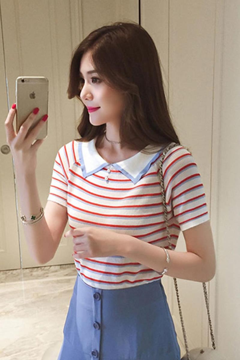 

Women's T-Shirt Summer Women Knitted T Shirt Top Short Sleeve Striped Pink White Fashion Slim Casual Knit Tshirt, Black